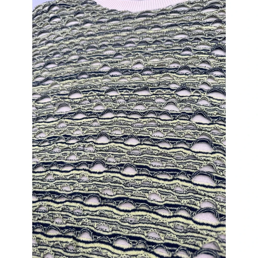 Zara Man Open Knit Striped Sweater Mens XL Green/Black Distressed Mesh Indie